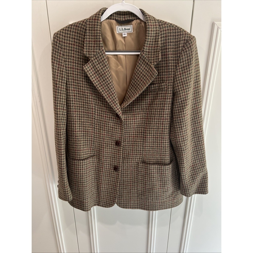 L.L. Bean Brown Houndstooth Wool Blazer Equestrian Old Money Preppy Professor